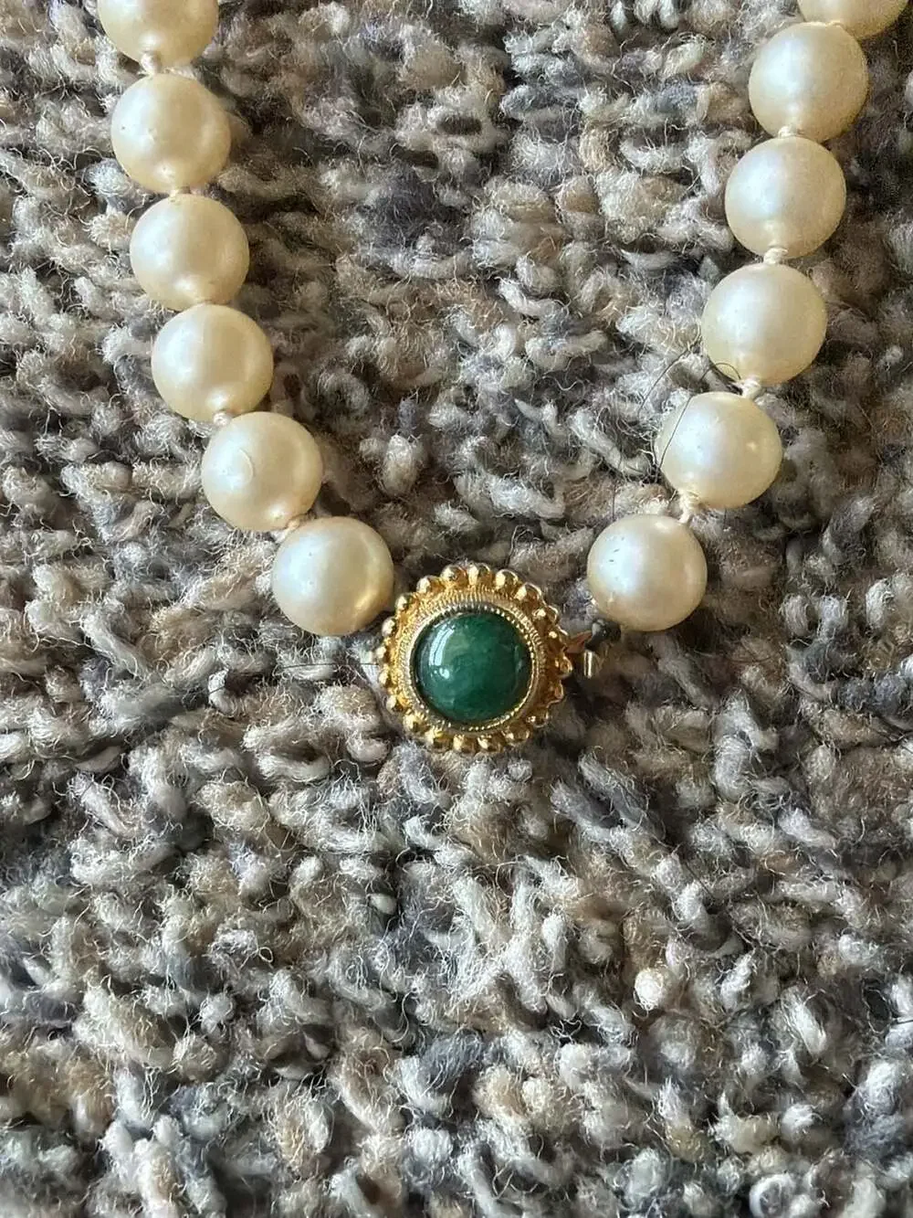 Vintage Faux Pearl Knotted Necklace with Green Cabochon Gold Tone Clasp